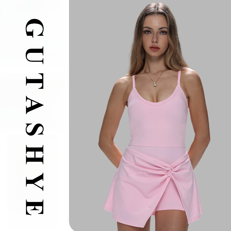 Yoga Fitness Dress - Women Spaghetti Strap Fake Two Piece