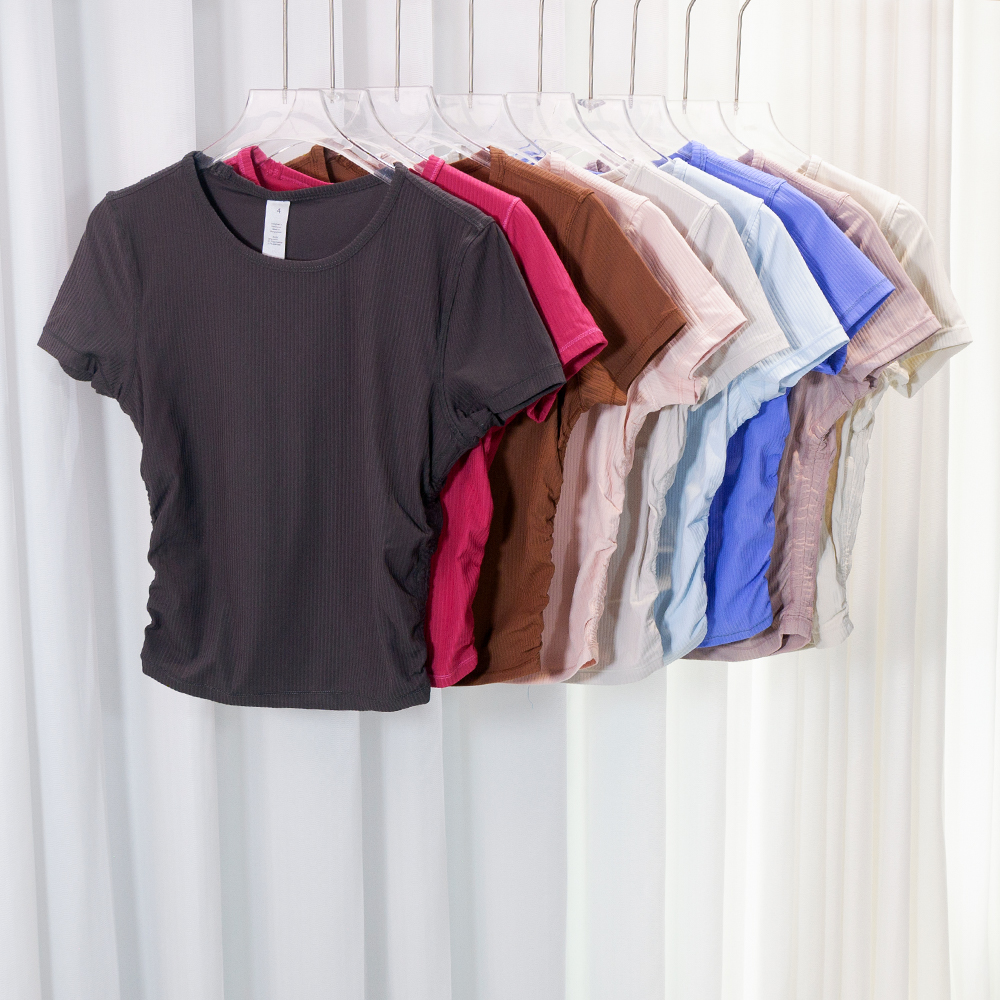Yoga Fitness Wear - Waist-cinching Short Sleeve Slim Fit Ribbed