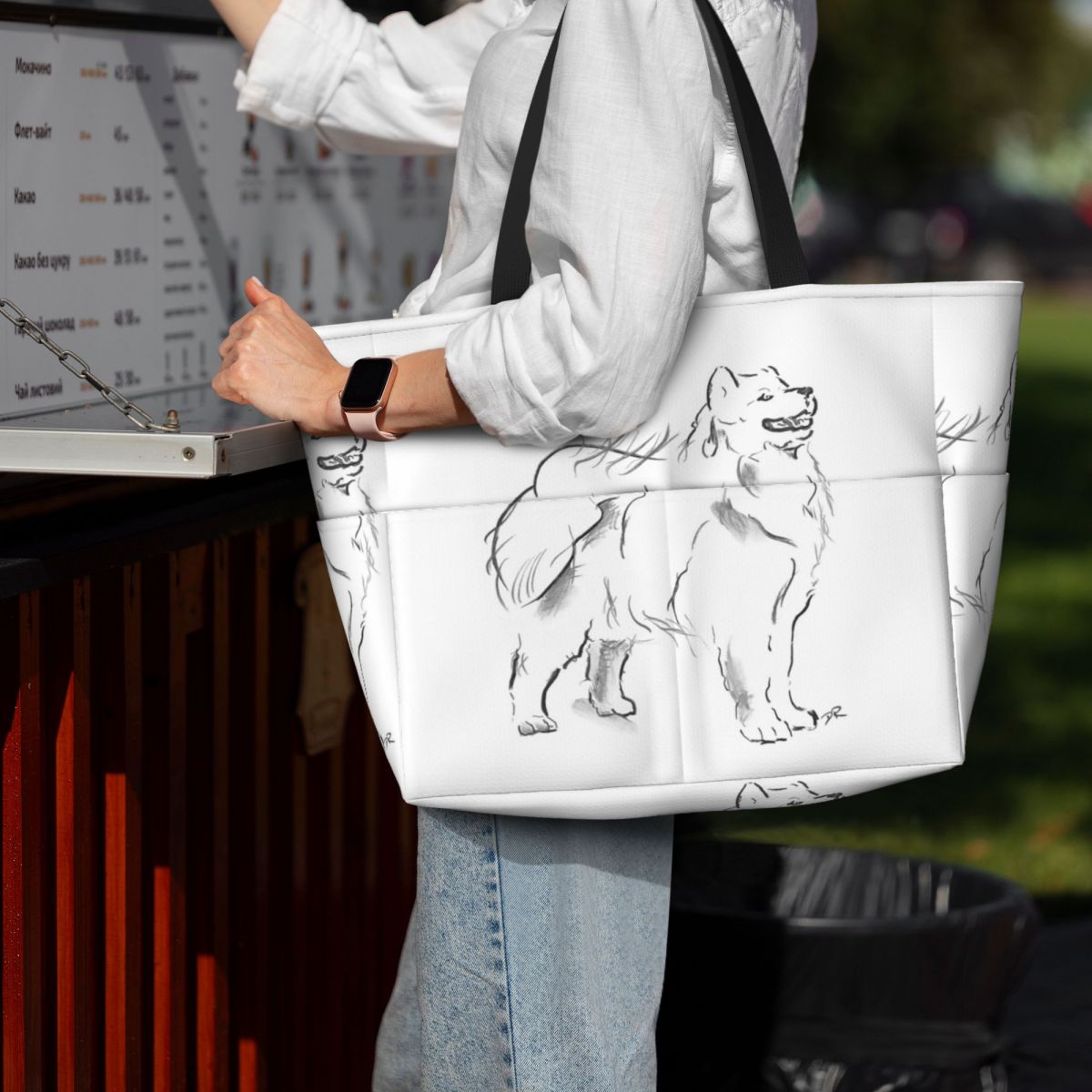 Samoyed Drawing Beach Tote Bag - Yoga Fitness Drawing のレビューと価格