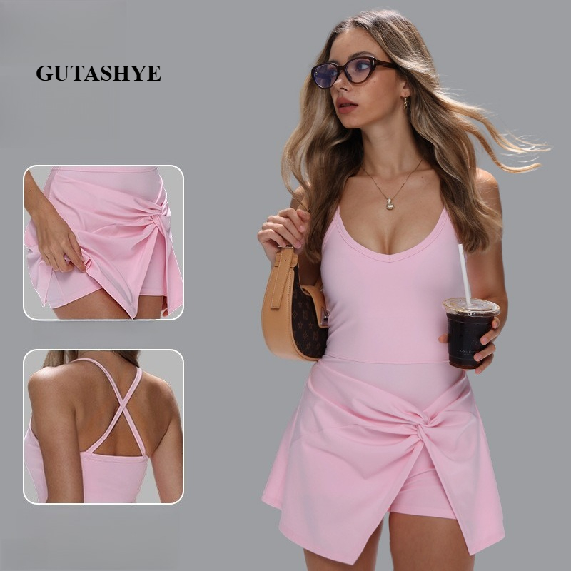 Women Spaghetti Strap Fake Two - Yoga Fitness Dress のレビューと価格