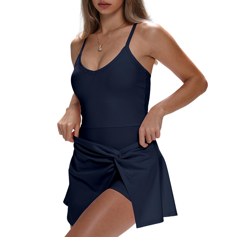 Women Spaghetti Strap Fake Two - Yoga Fitness Dress のレビューと価格